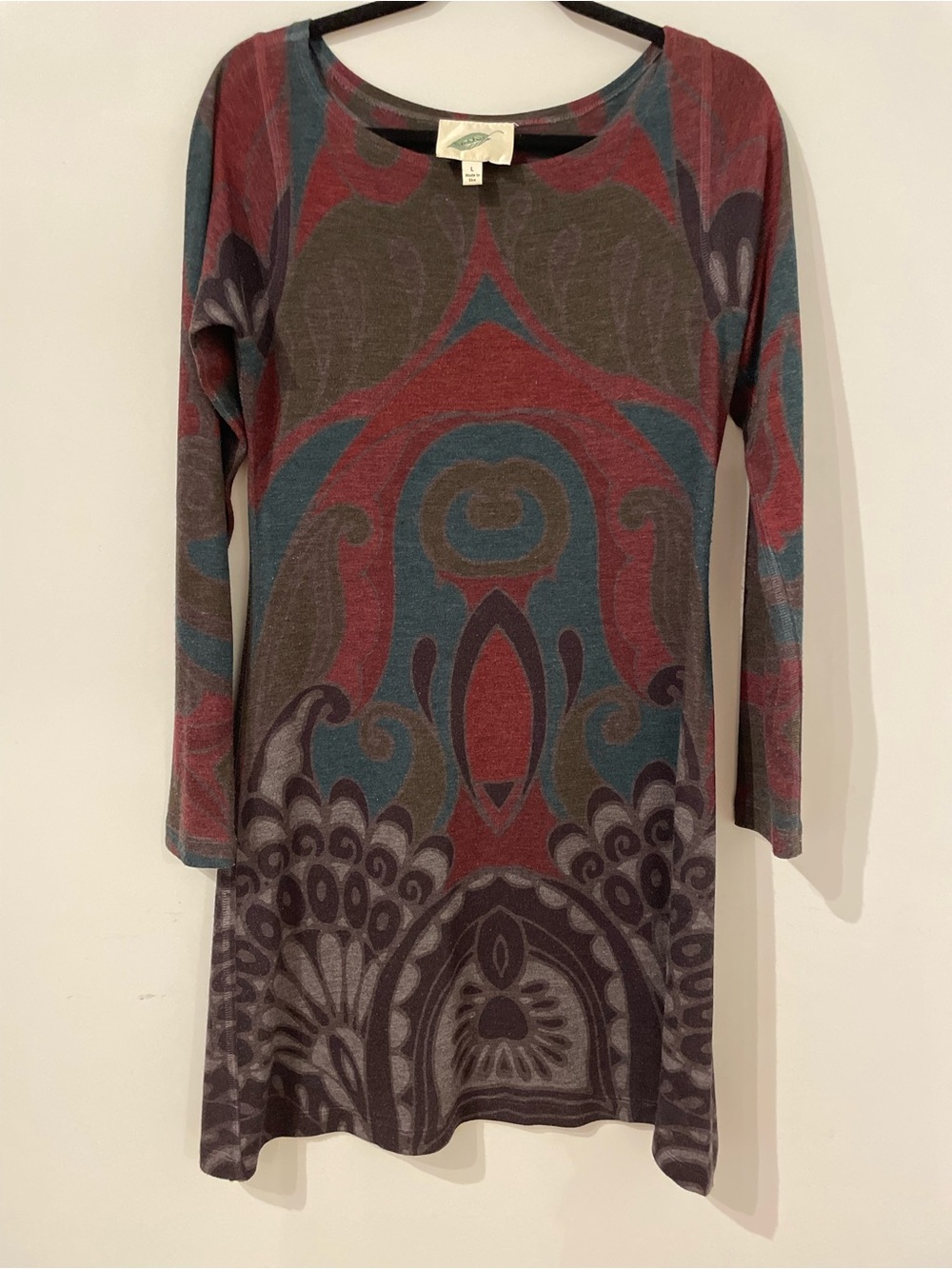 Abstract Print Long-Sleeve A-Line Dress in Red and Teal